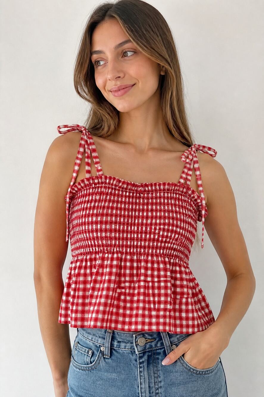 Ghanda Red Gingham Smocked Peplum Tank Top S